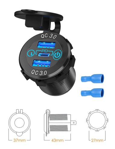 BIKETEC MOTOCYKLOWE POTRÓJNE GNIAZDO USB QC 3.0 X 2 I PD X 1 - 54 W POWER DELIVERY MONTAŻ NA POWIERZCHNIE PŁASKĄ (OWIEWKA,