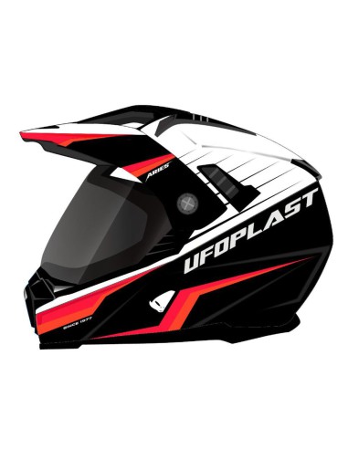 UFO KASK ARIES OFFROAD / DUAL / TOURER / CROSSOVER Z SZYBĄ, DASZKIEM I BLENDĄ PRZECIWSŁONECZNĄ KOLOR CZARNY/BIAŁY/CZERWONY FLUO