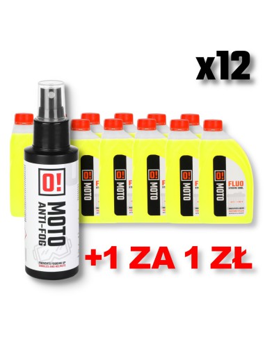 OMOTO ZESTAW 12 SZTUK PŁYN DO CHŁODNIC 1L O! FLUO XTREME COOL + OMOTO PREPARAT PRZECIW PAROWNIU GOGLI OKULARÓW SZYBEK 100ML O!