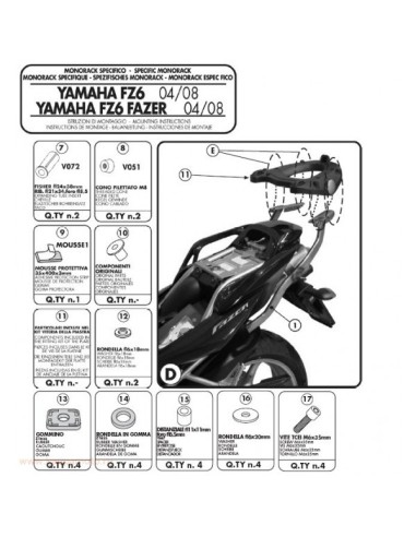 KAPPA STELAŻ KUFRA CENTRALNEGO YAMAHA FZ6 / FZS 600 FAZER (04-06), FZ6 S2 / FZ6 600 FAZER S2 (07-11) ( BEZ PŁYTY ) - PATRZ OPIS