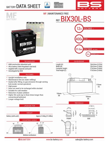 BS AKUMULATOR BIX30L-BS (YTX30L-BS) 12V 30AH 165X125X175 BEZOBSŁUGOWY - ELEKTROLIT OSOBNO (400A) (2) UE2019/1148