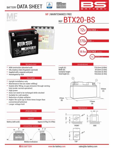 BS AKUMULATOR BTX20-BS (YTX20-BS) 175X87X155 BEZOBSŁUGOWY - ELEKTROLIT OSOBNO (270A) (2) UE2019/1148