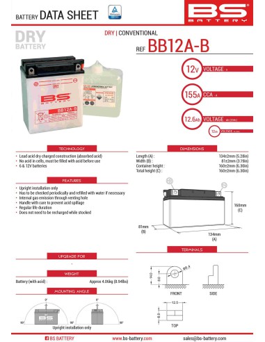 BS AKUMULATOR BB12A-B (YB12A-B) 12V 12AH 134X80X160 OBSŁUGOWY - ELEKTROLIT OSOBNO (155A) (4) UE2019/1148