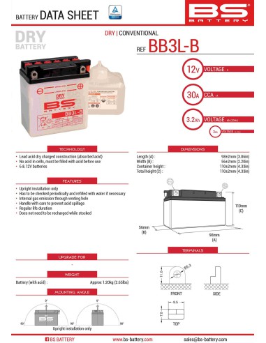 BS AKUMULATOR BB3L-B (YB3L-B) 98X56X110 OBSŁUGOWY - ELEKTROLIT OSOBNO (30A) (12) UE2019/1148