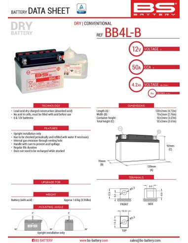 BS AKUMULATOR BB4L-B (YB4L-B) 12V 4AH 121X71X93 OBSŁUGOWY - ELEKTROLIT OSOBNO (56A) (8) UE2019/1148